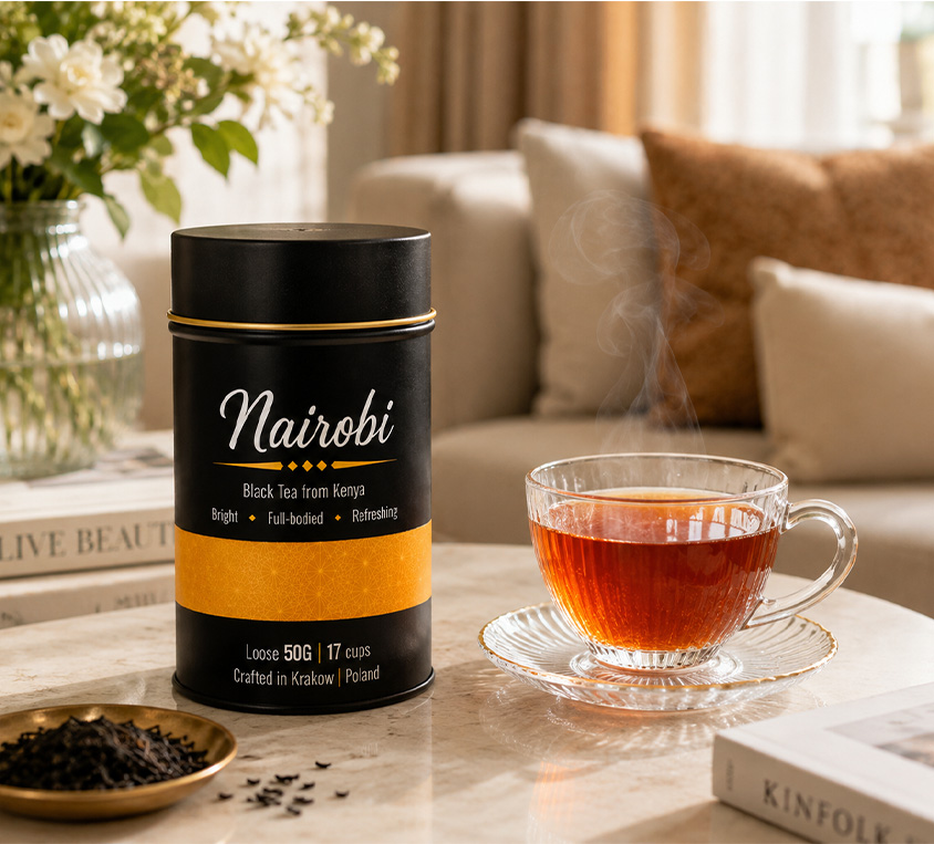 Black Nairobi Leo Tea w prezentowej metalowej puszce z przykrywka na upominek